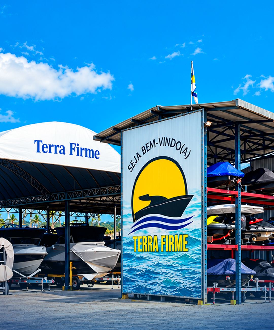 Entrada da Marina Terra Firme com placa de boas-vindas e galpão de vagas cobertas